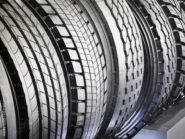 Obraz Various tire patterns showcased in a detailed display at an automotive exhibition in a bright showroom