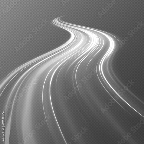 Fototapeta Snowy road on gray transparent background.. White bright blurred light lines in wave and speed motion. Abstract vector fire circles, sparkling swirls and energetic light spiral frames.	