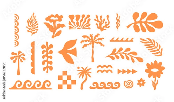 Fototapeta Vector set of hand drawn cut out style elements and illustrations - abstract design elements for party and picnic invitations, summer  greeting cards, prints, in marine coastal style