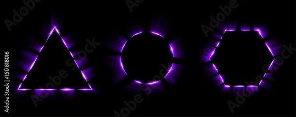 Fototapeta A collection of neon light frames emits a soft blue glow. The background is deep black, enhancing the contrast. Ideal for tech interfaces or speech borders.	