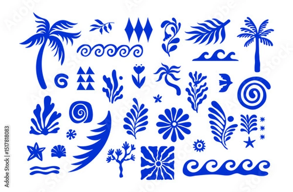Fototapeta Vector set of hand drawn cut out style elements and illustrations - abstract design elements for party and picnic invitations, summer  greeting cards, prints, in marine coastal style
