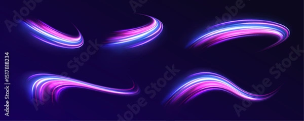 Fototapeta Abstract image of speed motion on the road. Vector glitter light fire flare trace. Dark blue abstract background with ultraviolet neon glow, blurry light lines, waves	