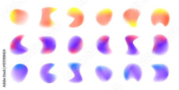 Obraz Set of defocused soft color gradient circles for creative graphic. Gradient aura, grain neon blob with noise effect vector illustration. Abstract color watercolor blur mesh shape on white background. 