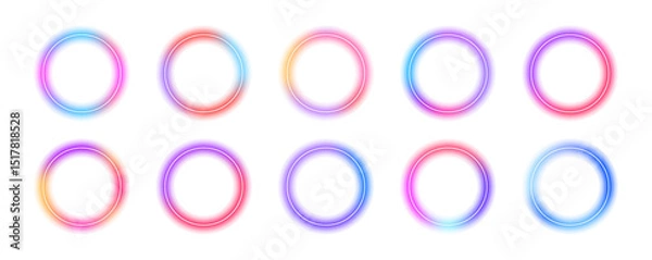 Fototapeta Round banner with neon gradient isolated on white transparent background in PNG vector format. Round light frame. Can be used for badges, price tags, labels.	