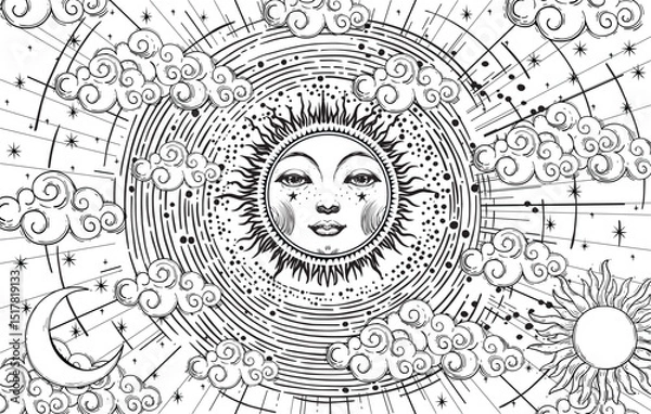 Obraz Mystical astrological coloring book for adults moon with face, linear hand drawing of universe, vector esoteric poster of zodiac, horoscope, tarot.