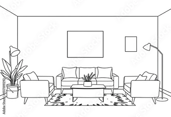 Fototapeta Minimalist black & white line art furniture and decor; simple vector illustrations for interior design,  line art,  objects