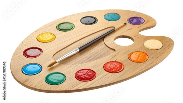 Fototapeta palette with brushes, wooden artist palette with samples of paints isolated on transparent background