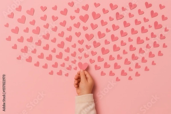 Fototapeta A hand holds a pink heart-shaped cutout amidst scattered pink heart shapes on a soft pink background