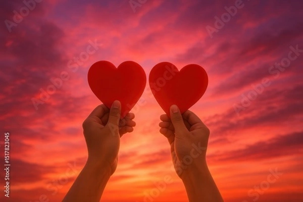 Fototapeta Two hands hold red heart-shaped cutouts against a beautiful sunset sky, symbolizing love and connection