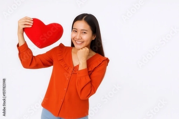 Fototapeta A woman smiles and holds a red heart-shaped cushion, expressing joy and affection, dressed in an orange blouse