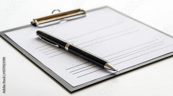 Fototapeta A close up of a black pen lying on a clipboard with a white sheet of paper on a white surface
