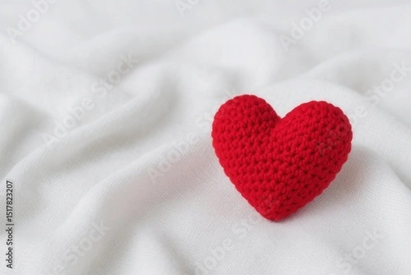 Fototapeta A crocheted red heart rests on a soft white fabric, symbolizing love and warmth with a handmade touch