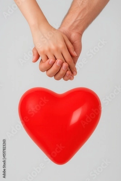 Fototapeta Two hands clasp each other, holding a shiny red heart, symbolizing love and connection against a neutral background
