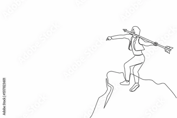 Fototapeta Continuous one line drawing determined strong businesswoman throwing rising up arrow to achieve goal. Business growth, success, improvement concept. Single line draw design vector graphic illustration