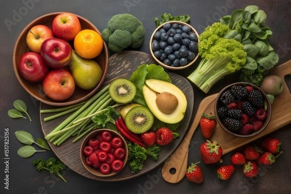 Fototapeta Plant based cuisine fresh vegetable Colorful assortment of fresh fruits and vegetables arranged in bowls on a dark surface.