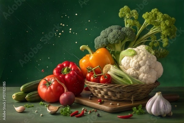 Fototapeta Plant based cuisine fresh vegetable Fresh vegetables in a basket with a splash effect on a green background.