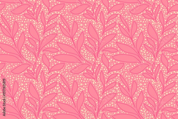 Fototapeta Seamless vector pattern with hand drawn botanical leaves and organic dots in a pink and yellow hue on a peach background. Simple design for textiles, wallpapers, packaging, stationery