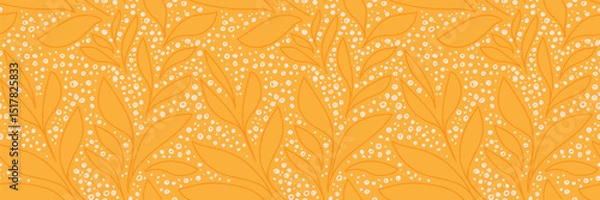 Fototapeta Seamless vector pattern with abstract botanical leaves outlined on a yellow background, accented with hand drawn white dots. Simple trendy design for textiles, packaging, wallpaper