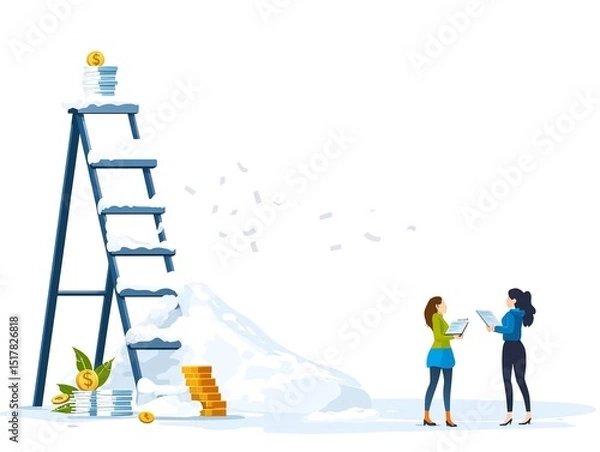 Obraz Two Women Discuss Business Strategy Near a Snow-Covered Progress Ladder