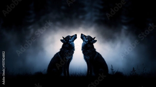 Obraz Two Wolves Howling Under a Starry Moonlight Night Sky