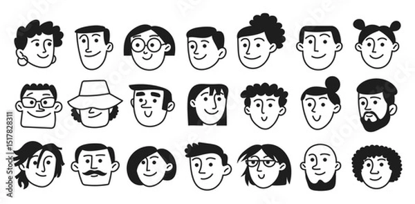 Obraz Vector set of happy people diversity avatars in doodle style. Portraits of men, women. Simple line, head, outline. Modern illustration isolated