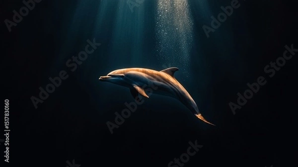 Obraz Underwater Profile of a Dolphin Swimming Calmly in Dark Blue Water