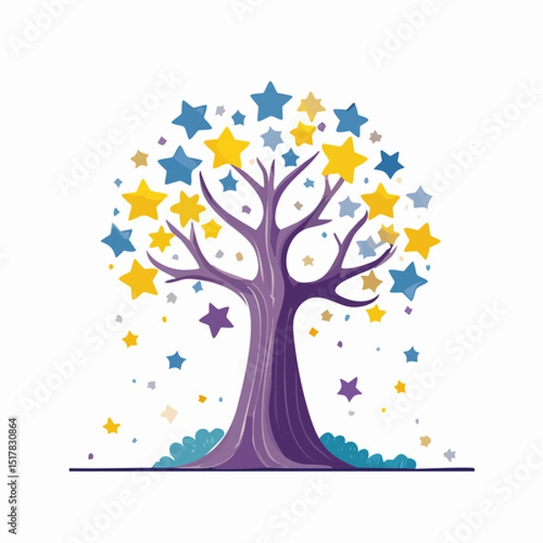 Fototapeta Celestial Canopy: A whimsical illustration showcases a stylized tree with a trunk and branches adorned with colorful stars, creating a magical, dreamy ambiance.