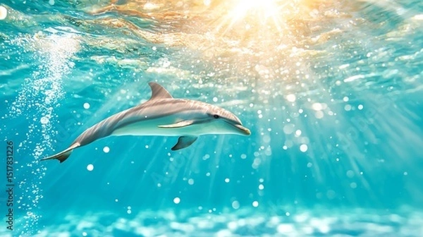 Obraz Underwater Profile of Dolphin Swimming Calmly in Sunlit Ocean