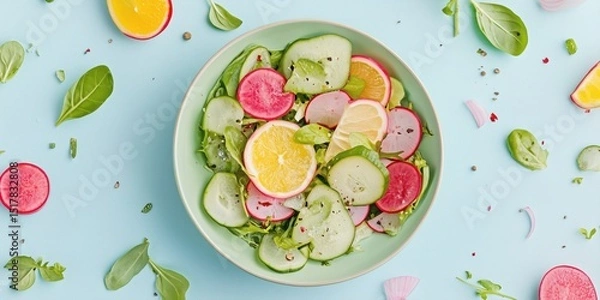 Fototapeta Top view of a colorful fresh salad with cucumber, radish, citrus, and greens on a blue background. Healthy, vibrant, and clean composition perfect for diet, wellness, or cooking themes..