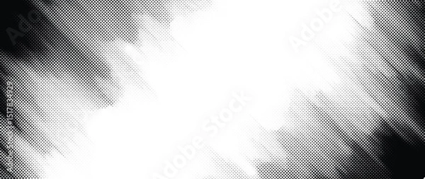 Fototapeta Halftone vector background glitch streaks dot dispersion. Black and white high-contrast composition with abstract fade and jagged black edges.