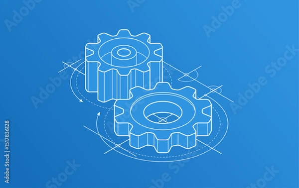 Obraz Invention renovation and development concept, gears and cogs with cad engineering drawing isometric 3D vector illustration, technology theme, machinery and engine creation.