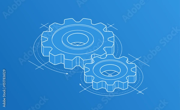 Fototapeta Invention renovation and development concept, gears and cogs with cad engineering drawing isometric 3D vector illustration, technology theme, machinery and engine creation.