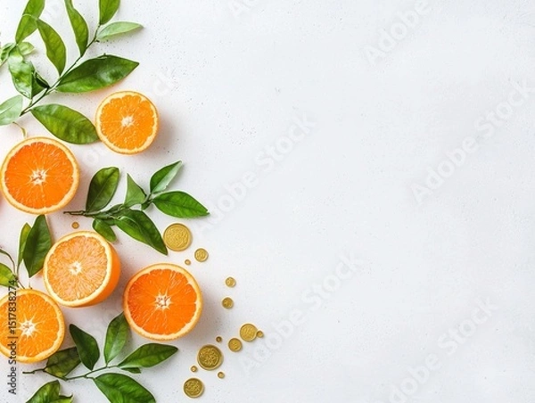 Obraz Vibrant Oranges and Green Leaves on White Background
