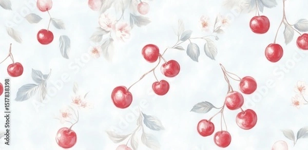 Fototapeta Seamless watercolor-style pattern with red cherries, soft green leaves, and delicate blossoms on light blue background. Elegant and fresh design perfect for textiles, wallpapers, and packaging..
