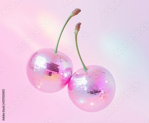 Fototapeta Two glossy pink cherries made from disco balls on a soft pastel background. Trendy surreal pop-art concept, perfect for party themes, music covers, or modern lifestyle designs..