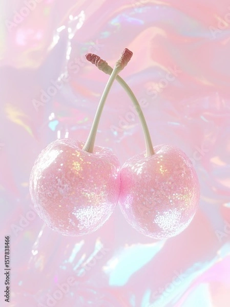 Fototapeta Two sparkling pink cherries made of sequins against an iridescent pastel background. Dreamy surreal concept ideal for fashion, music, or party-themed visual content..