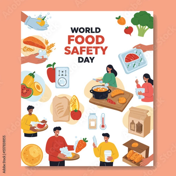 Fototapeta Food Safety Day (WFSD) celebrated on 7 June every year, aims to draw attention and inspire action to help prevent, detect and manage foodborne risks. Vector illustration.