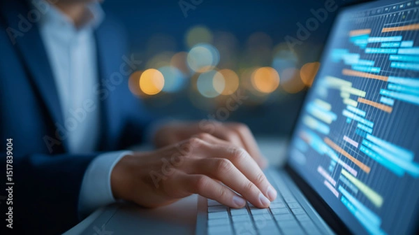 Fototapeta A business analyst managing a Gantt chart on a touchscreen monitor