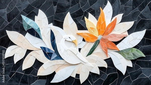 Obraz Vibrant Tropical Bird Of Paradise Mosaic With Orange And White Flowers