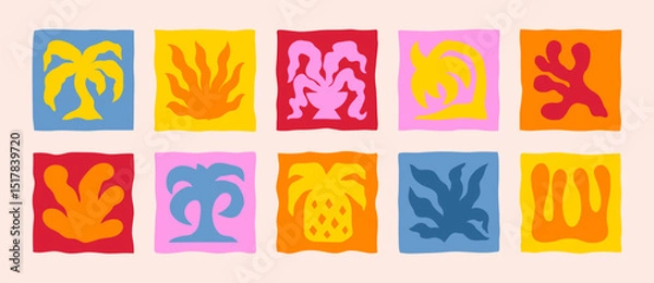 Obraz Boho Groovy Summer Plants Icons in Naive Style. Vector Abstract Square Tropical Illustrations Palm Tree, Pineapple, Coral, Seaweed for Logo, Patterns, T-Shirt Print, Stickers, Social Media