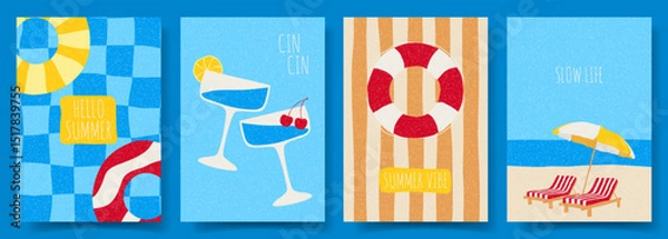 Obraz Creative abstract summer cards. Vector posters with beach loungers and umbrella on seashore, cocktails, inflatable rings, lifebuoy. Concept flyers for party, holiday, event, card, invitation, banner.