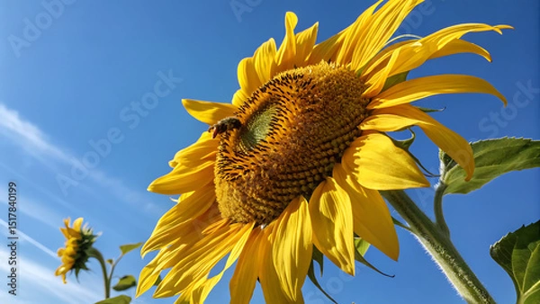 Fototapeta Close-up of a sunflower growing in a field of sunflowers during a nice sunny summer day with some clouds. Helianthus