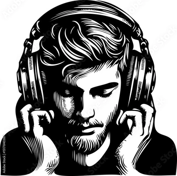 Fototapeta SVG guy with headphones black and white vector file for printing, cutting