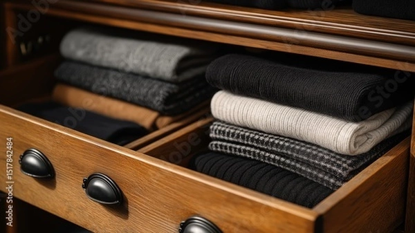 Fototapeta A drawer holds neatly folded sweaters of various colors, showing a cozy, organized space.
