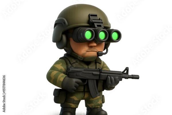 Fototapeta Cute Commando Character with Night Vision Gear and Assault Rifle