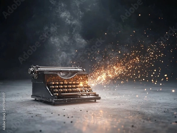 Obraz Vintage Typewriter with Glowing Light Beams and Sparks