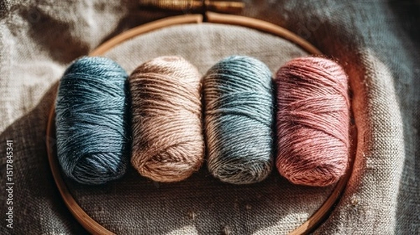 Fototapeta Colorful Thread Spools in Embroidery Hoop for Crafting