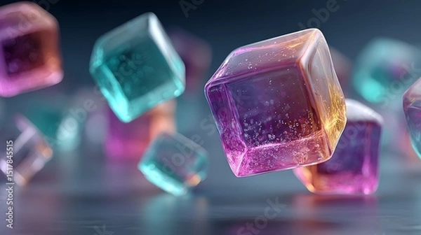 Fototapeta Floating Colorful Translucent Cubes with Bubbles
