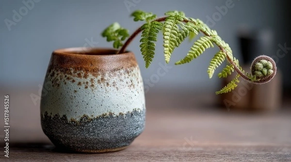 Fototapeta Fern frond and fiddlehead in textured ceramic pot on wooden table
