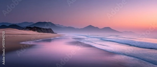 Fototapeta Serene Coastal Landscape at Twilight with Sand Dunes and Mountains